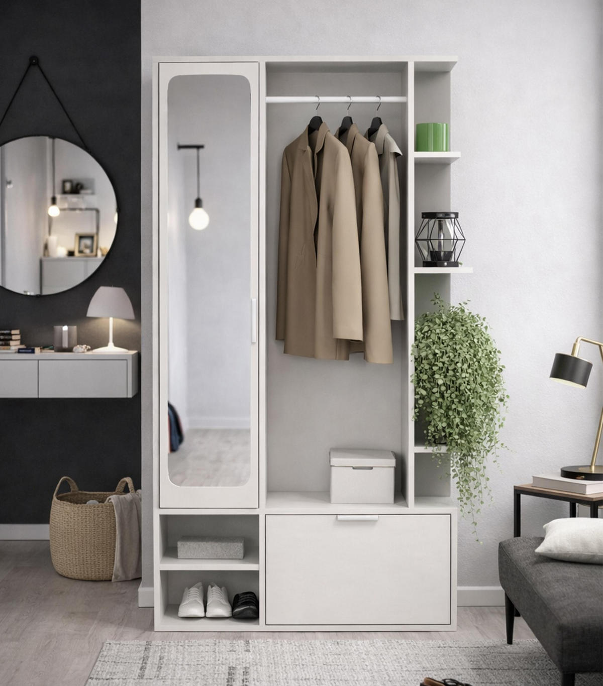 GARDEROBENSCHRANK Nemrut Weiß 100/189/33 cm – Modern, mit Spiegel und viel Stauraum - Weiß, Holzwerkstoff/Kunststoff (100/189.4/33cm) - AX Living