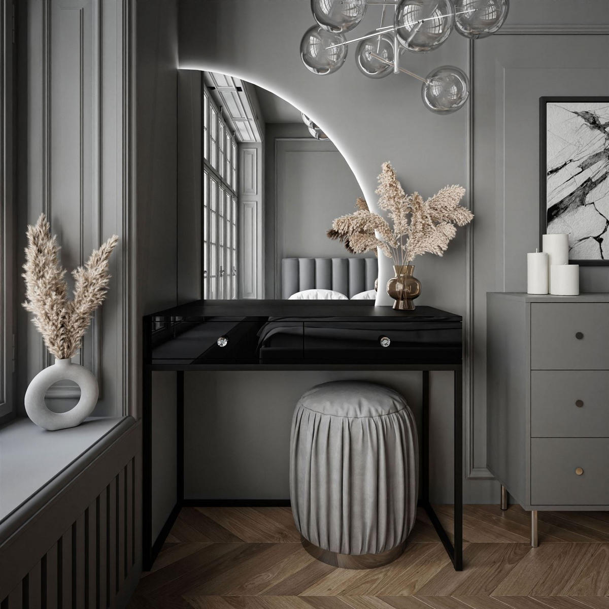 SCHMINKTISCH schwarz QUINNIE mit LED-Spiegel rechts Griff Kristall - Schwarz Hochglanz/Schwarz, Holzwerkstoff (100/176/42cm) - Lookway