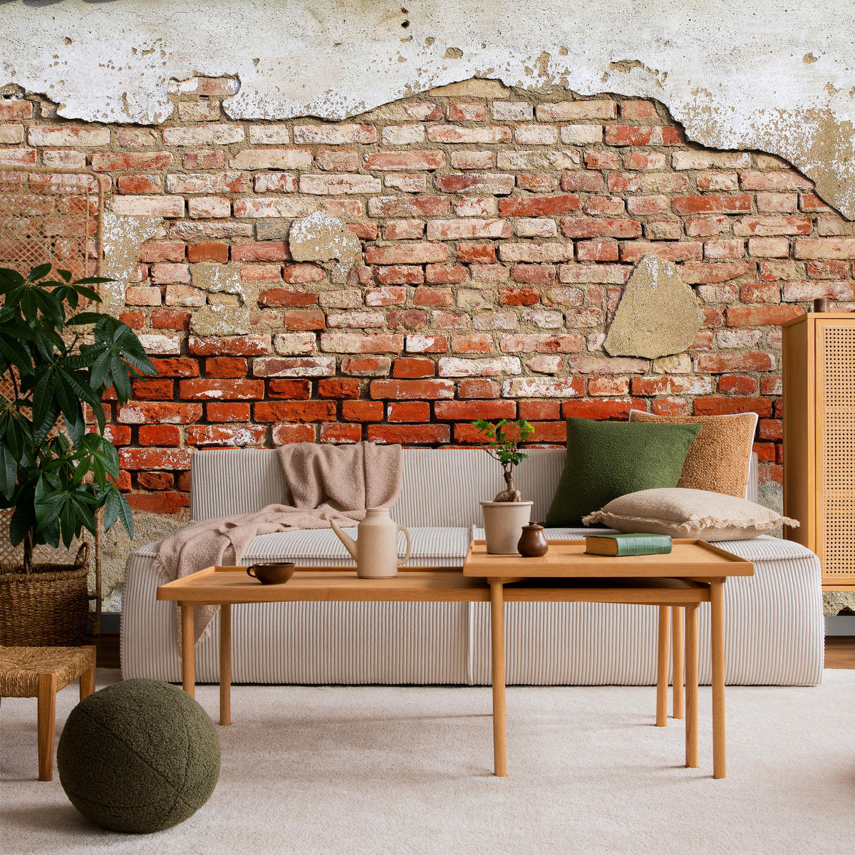 FOTOTAPETE für Wohnzimmer Alte Rissige Rote Ziegelwand Rustikal 200x140 - Beige/Rot, Papier (200/140cm) - Muralo