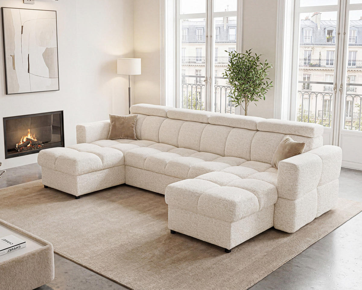 WOHNLANDSCHAFT BELUNO mit Schlaffunktion und Bettkasten Beige - Beige/Schwarz, Kunststoff/Textil (302/84/160cm) - Idohome