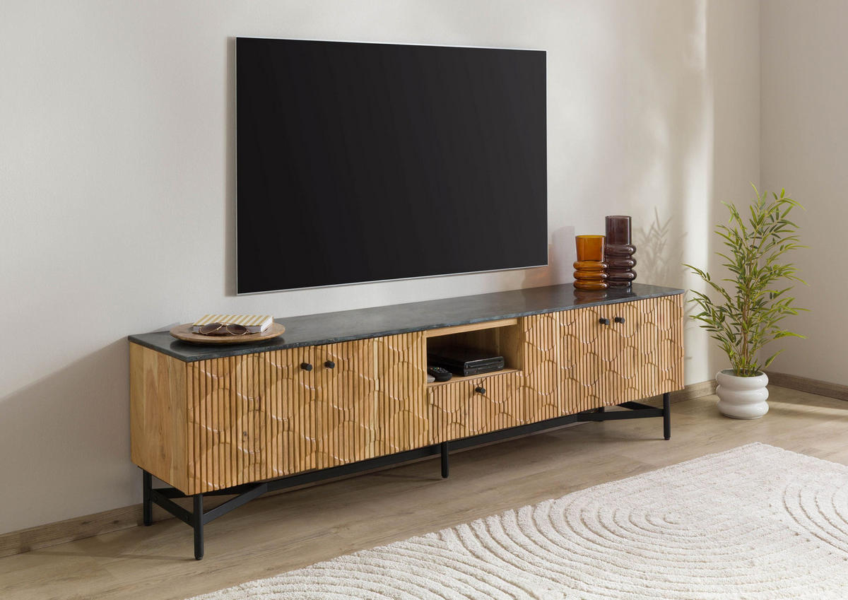 TV-BOARD Akazie 200x40x55 natur lackiert / Marmor schwarz LONDON #106 - Naturfarben, Holz (200/55/40cm) - Massivmoebel24