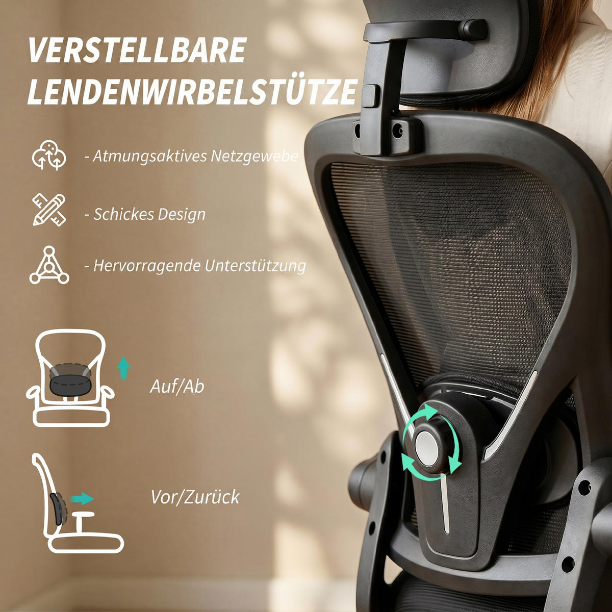 BÜROSTUHL Ergonomischer Schreibtischstuhl mit Hochklappbaren Armlehnen, Verstellbarer Lendenwirbelstütze Schwarz - Schwarz, Textil (63/125/64cm)