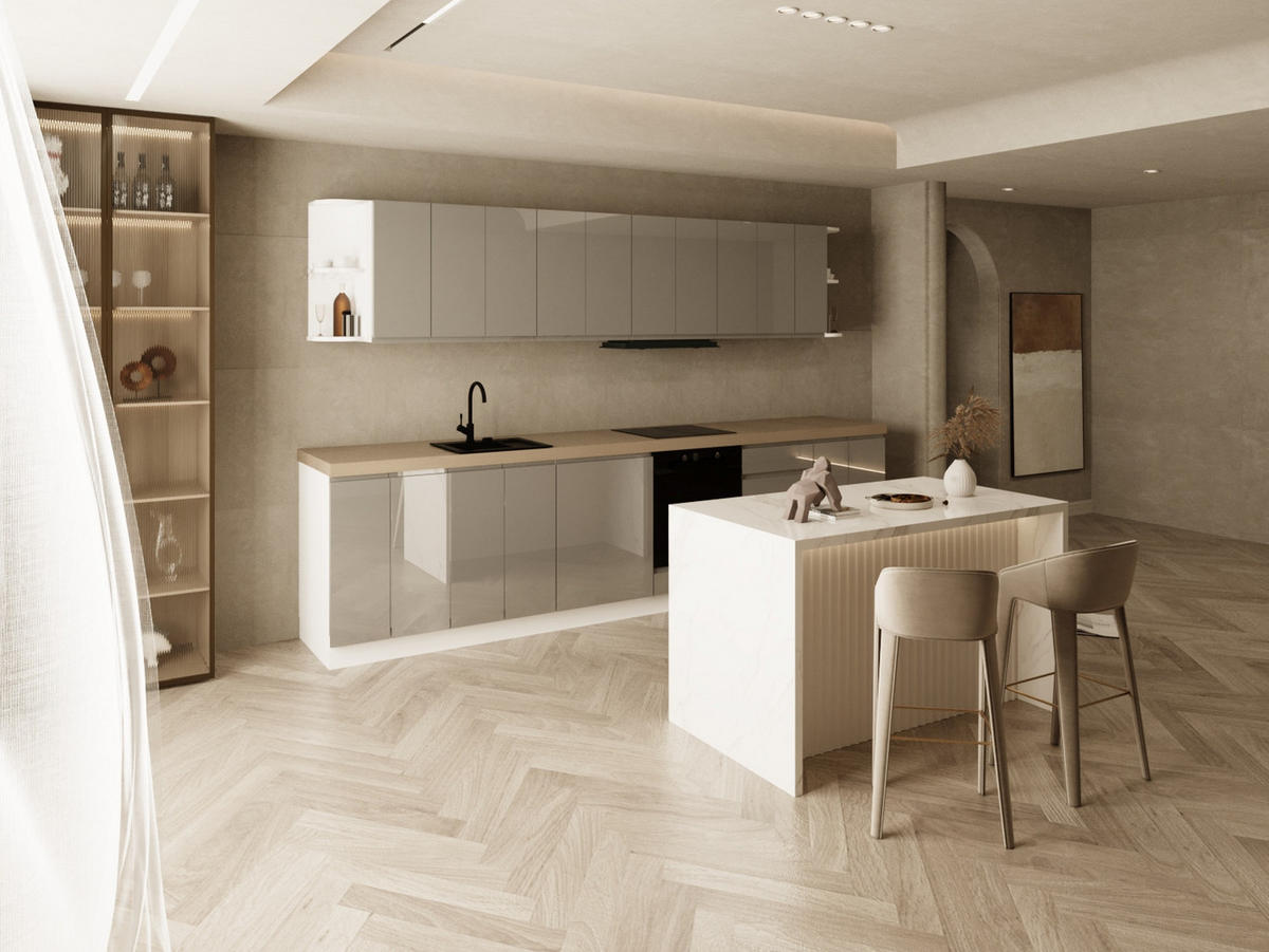 KÜCHENZEILE 360 cm - Aspen KA16-M360- in Grau/Hochglanz - Grau, Holz (360/212/52cm)