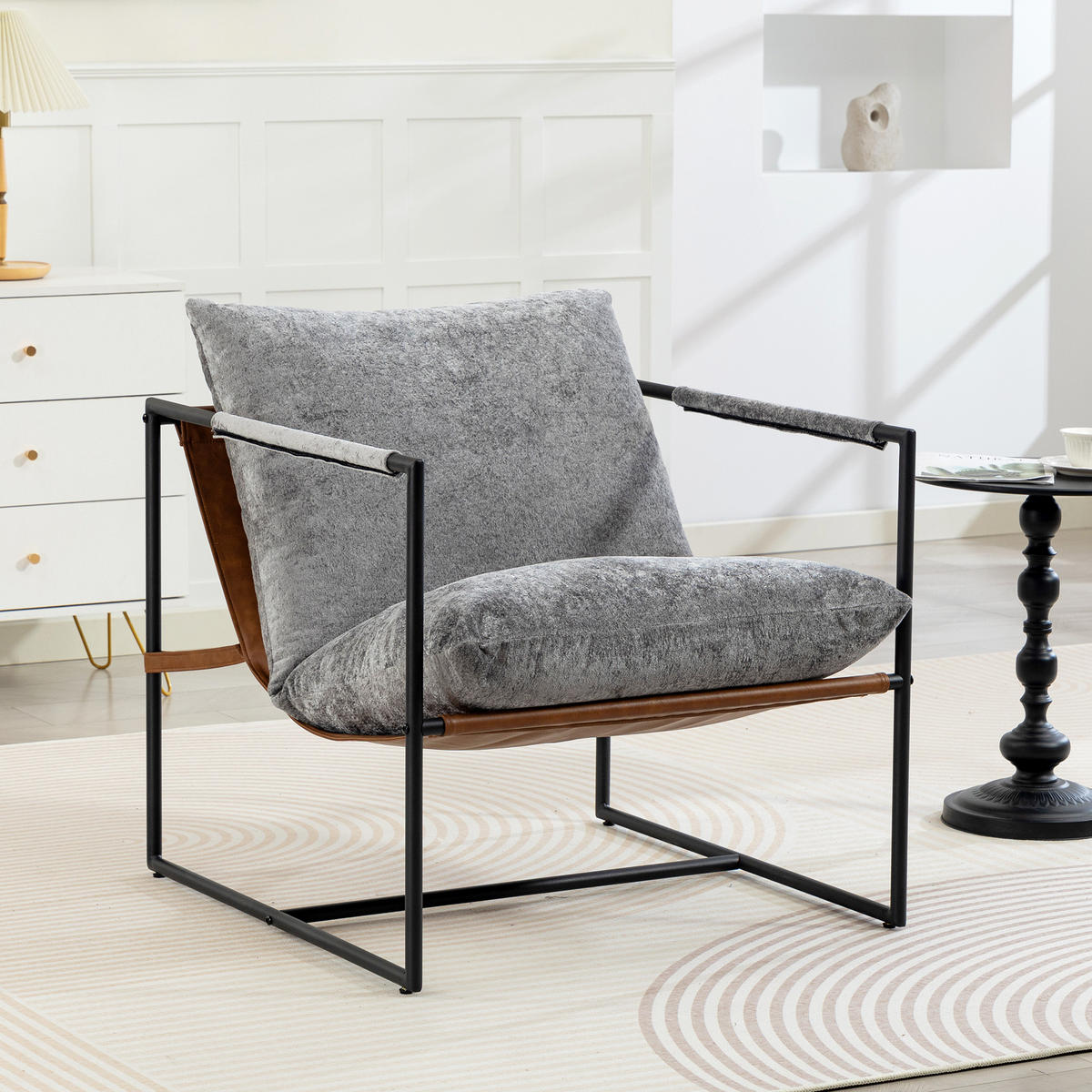 SESSEL DE-13325 breite Sitzfläche & bedruckter Velours Grau - Hellgrau, Metall (77/80/91cm) - ComfortXL