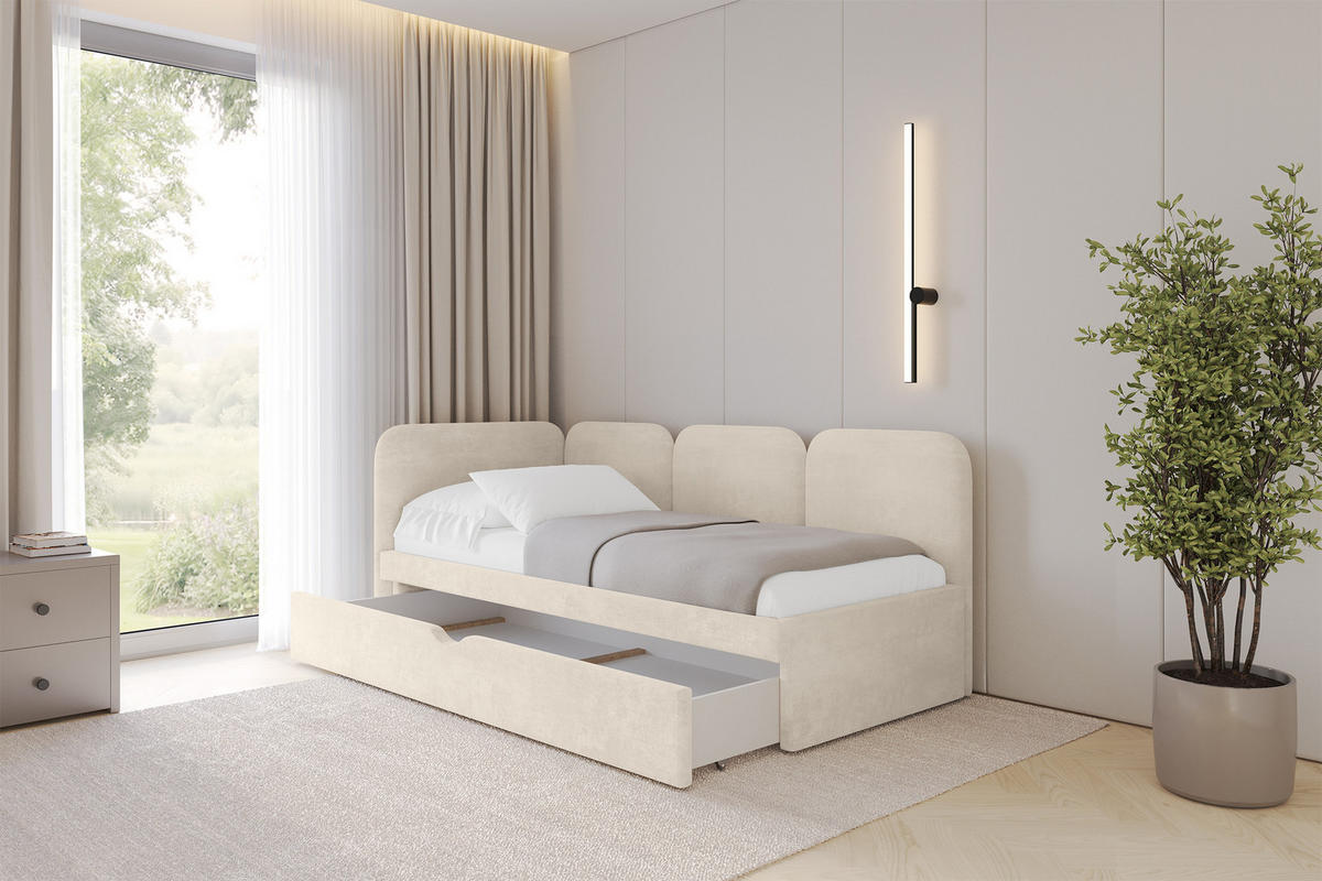 EINZELLBETT Jugendbett mit Bettkasten und Matratze H3/H4, Rechts - ALVY 90x200 Beige - Naturfarben, Holzwerkstoff/Textil (90/200cm) - ALTDECOR