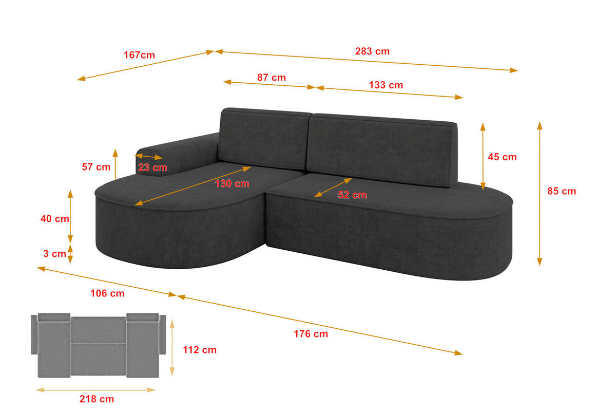 ECKSOFA mit Schlaffunktion und Bettkasten Ottomane Rechts MARI-L1-S - 283x167x85 cm Schwarz Velours - Schwarz, Holzwerkstoff/Kunststoff (167/283cm) - ALTDECOR