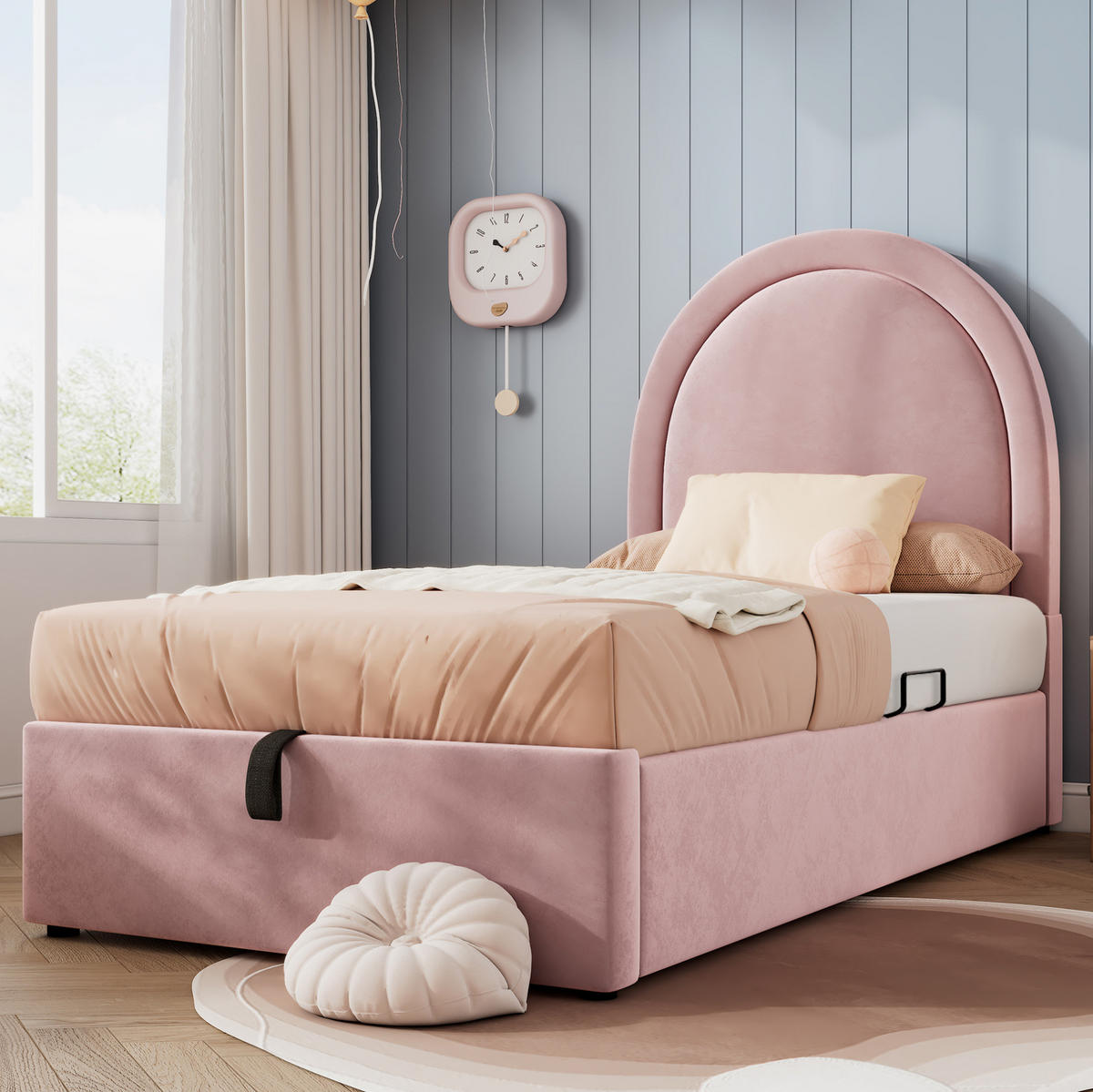 KINDEREINZELBETTEN aus Samt 90x200 cm in Rosa mit Matratze & Stauraum - Rosa, Textil (90/200cm) - Modfu