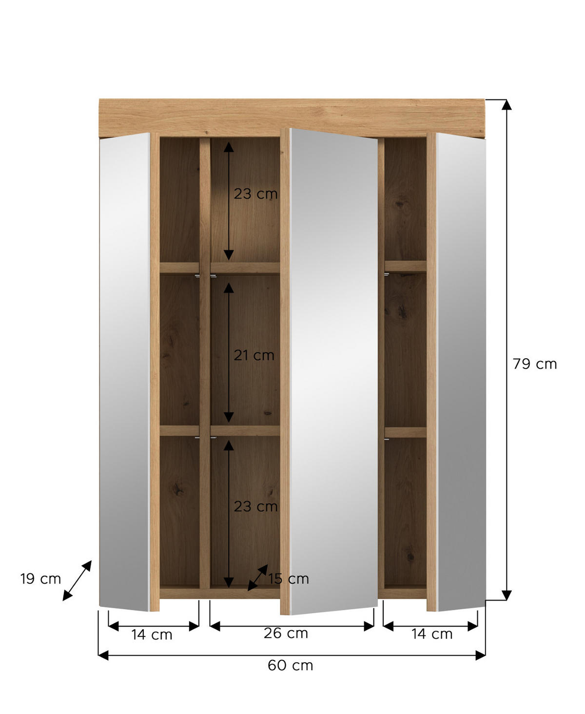 SPIEGELSCHRANK Salbei grün, Eiche Artisan 60 cm, Badschrank 3-türig - Eiche Artisan, Glas/Holzwerkstoff (60/79/18cm) - Inn.Furn