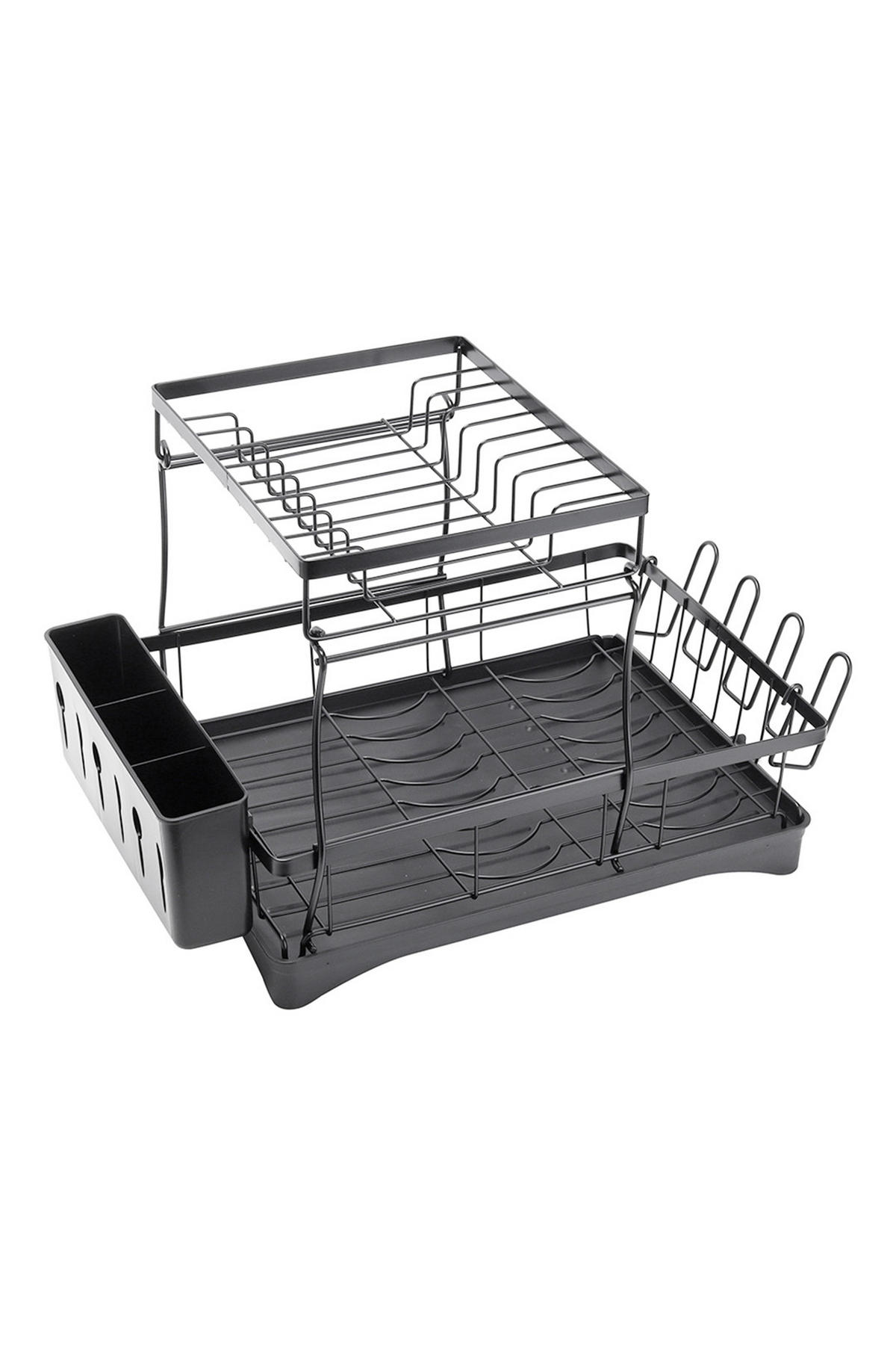 GESCHIRRABTROPFGESTELL 2-stufige aus Kohlenstoffstahl mit Besteckhalter aus PP und einem Becherhalter 49 x 30 x 34 cm - Schwarz, Metall (49/43/30cm) - Livingandhome