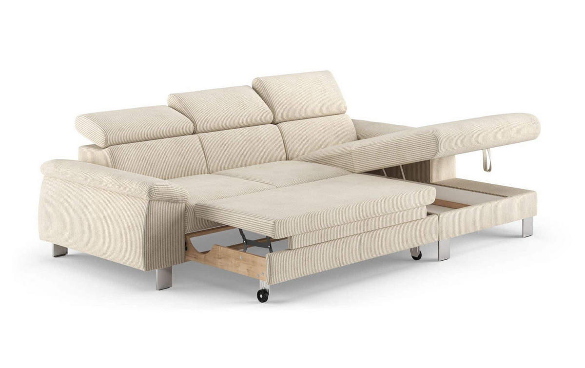 ECKSCHLAFSOFA mit Bettkasten – Cord-Stoff - Chromfarben/Beige, Holz/Textil (166/244cm) - Cotta