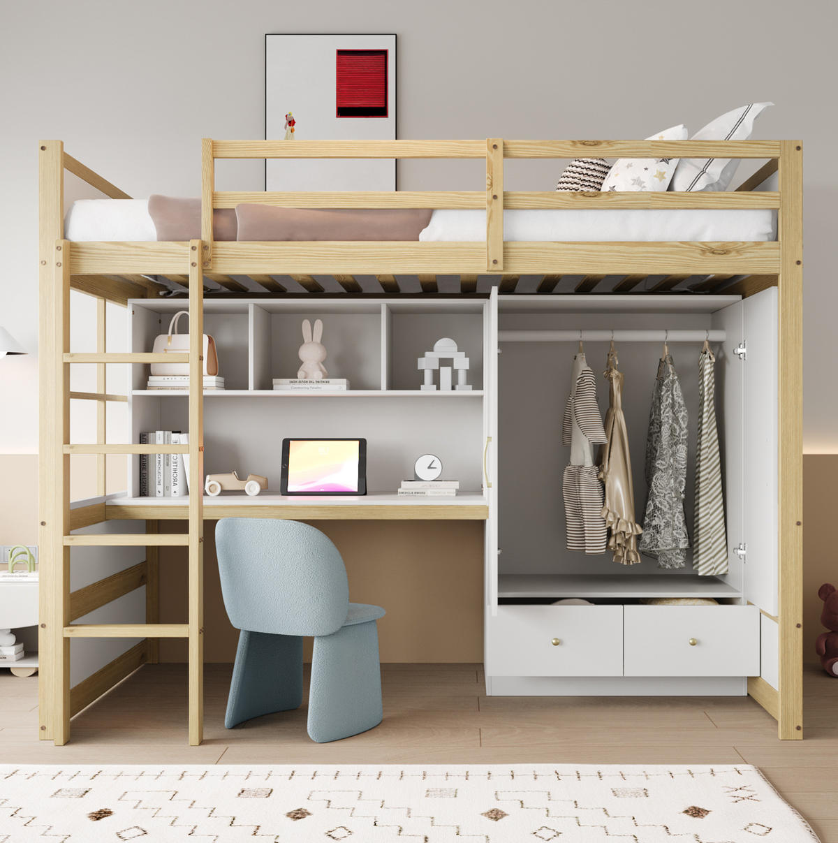 HOCHBETT aus Kiefernholz 90x200 cm Natur mit Schreibtisch, Kleiderschrank und Schubladen - Naturfarben, Holz (90/200cm) - IVMEU