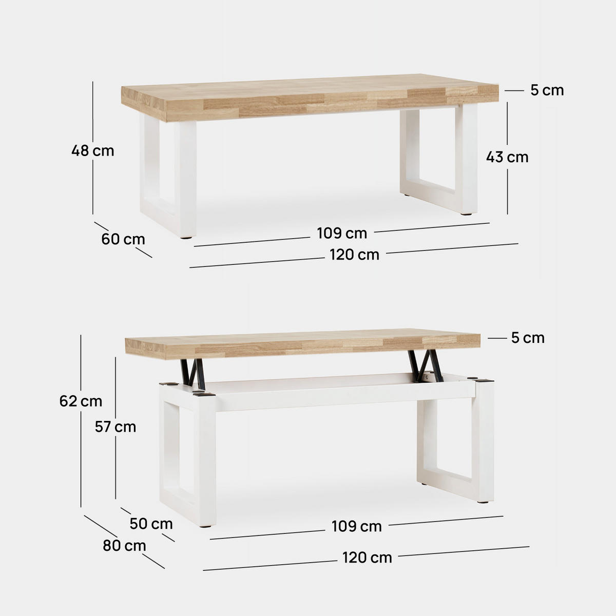 COUCHTISCH HOCHKLAPPBARER Alys Weiß 120 cm x 48 - 62 cm - Weiß, Holz (60/120/48cm) - Klast Home