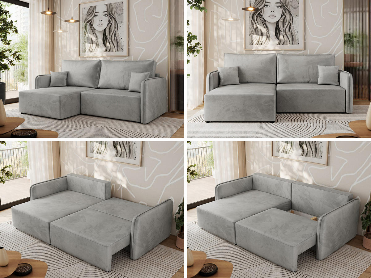 ECKSCHLAFSOFA MESTO L Hellgrau Velvet - links - Hellgrau/Schwarz, Kunststoff/Textil (227/147cm) - MKS
