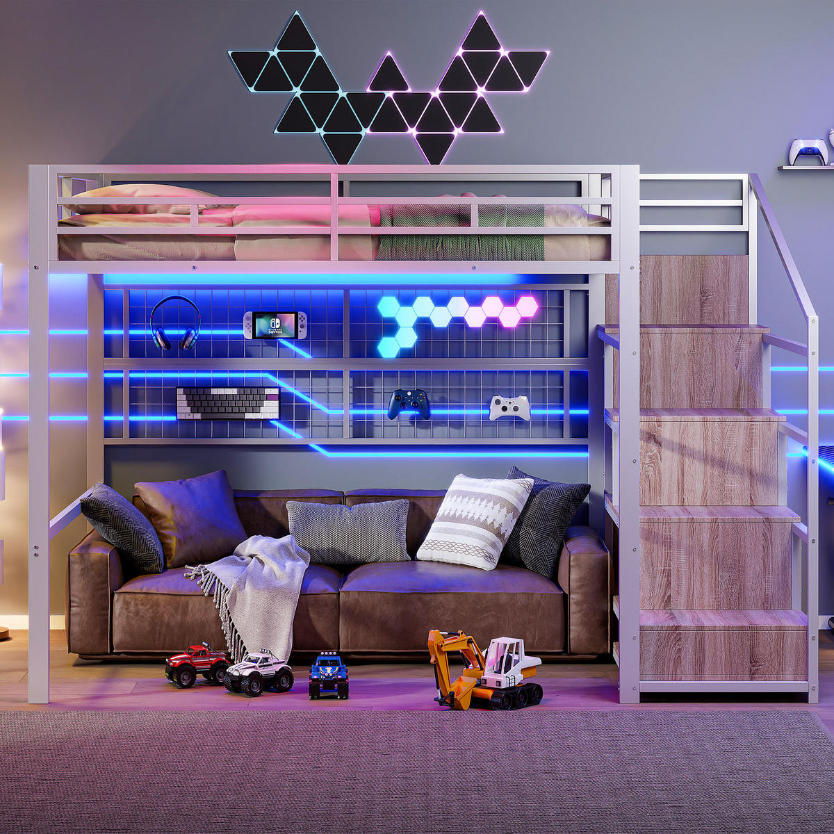 HOCHBETT 140/200 cm in Weiß mit Kleiderschrank, Stauraumleiter und LED - Weiß, Holzwerkstoff/Metall (140/200cm) - STILVORA