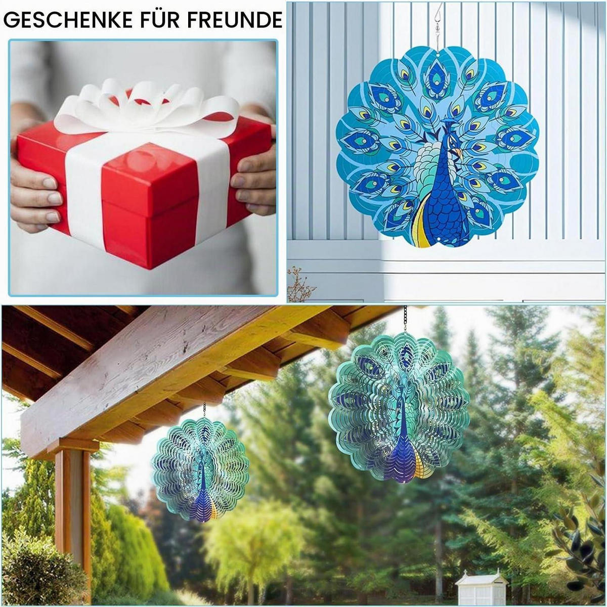 WINDSPIEL Pfau 30 cm Edelstahl 3D-Effekt - Multicolor, Metall (30/30/1cm)