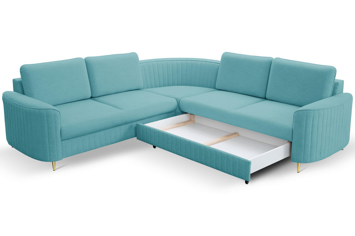 ECKSOFA LAREN, modernes Schlafsofa mit Stauraum, Plastikfüße, L-förmig, lose Rückenkissen freistehend, RECHTS 252x251x85 cm Turquoise - Türkis, Holz/Textil (252/251cm) - DomoHome