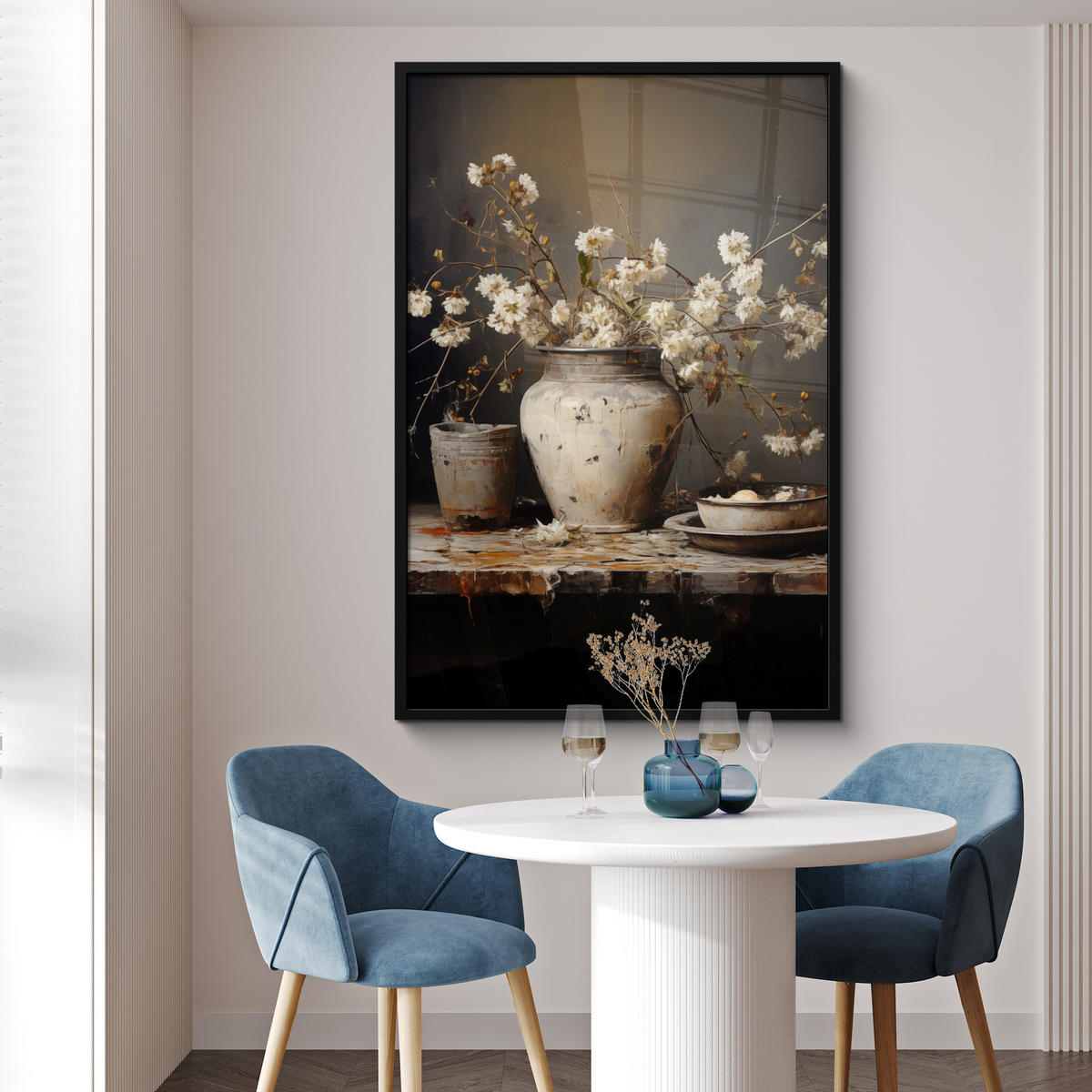 GERAHMTES BILD Stilleben - Blumen - Blumenstrauß - Vase - Wein 80x120 cm - Schwarz, Papier (80/120cm) - MuchoWow