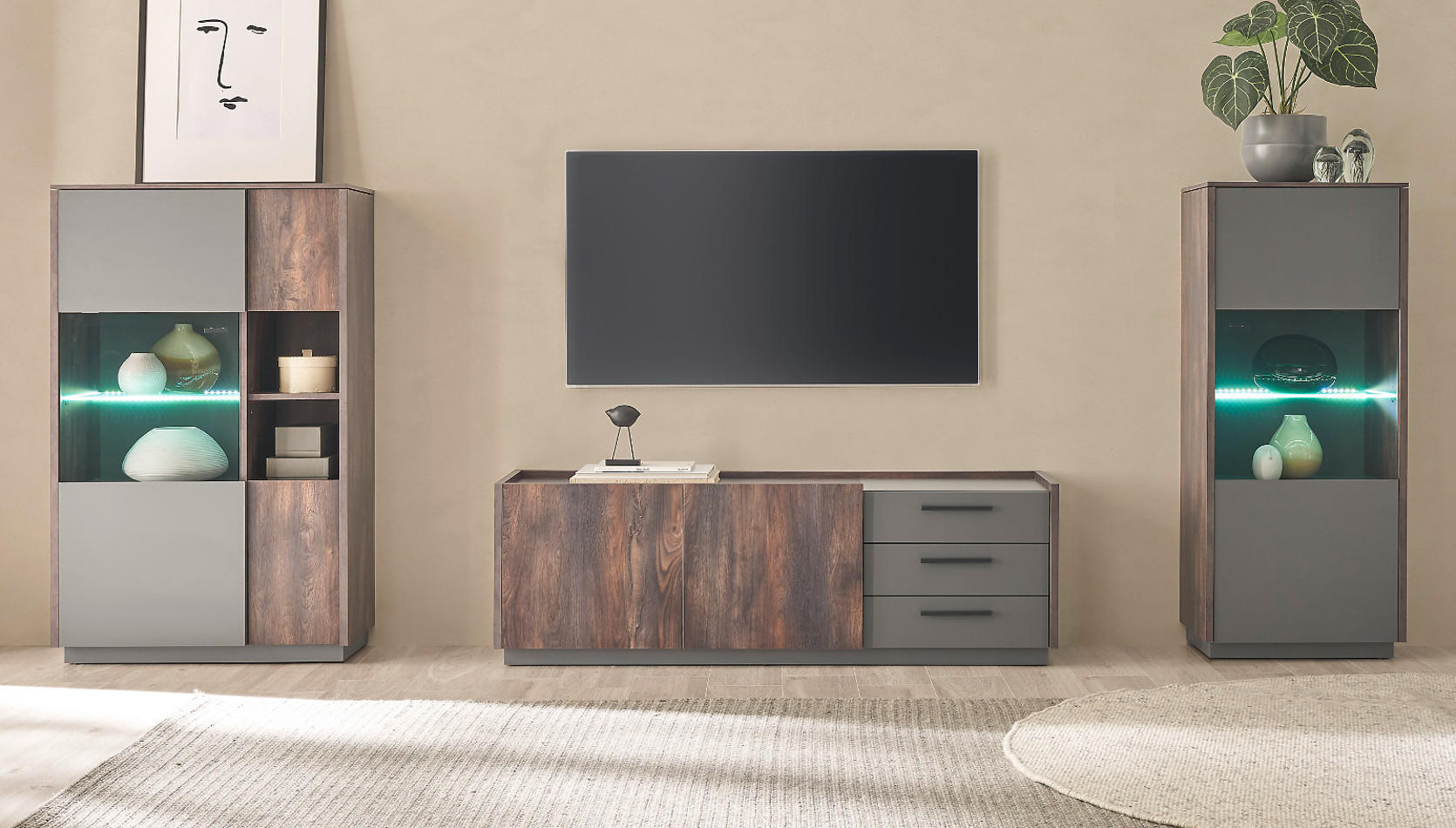 WOHNWAND Thermo Eiche, grau, Wohnkombination 3-teilig 327 cm mit Soft-Close - Eichefarben/Grau, Holzwerkstoff/Metall (327/130/45cm) - Furn.Design