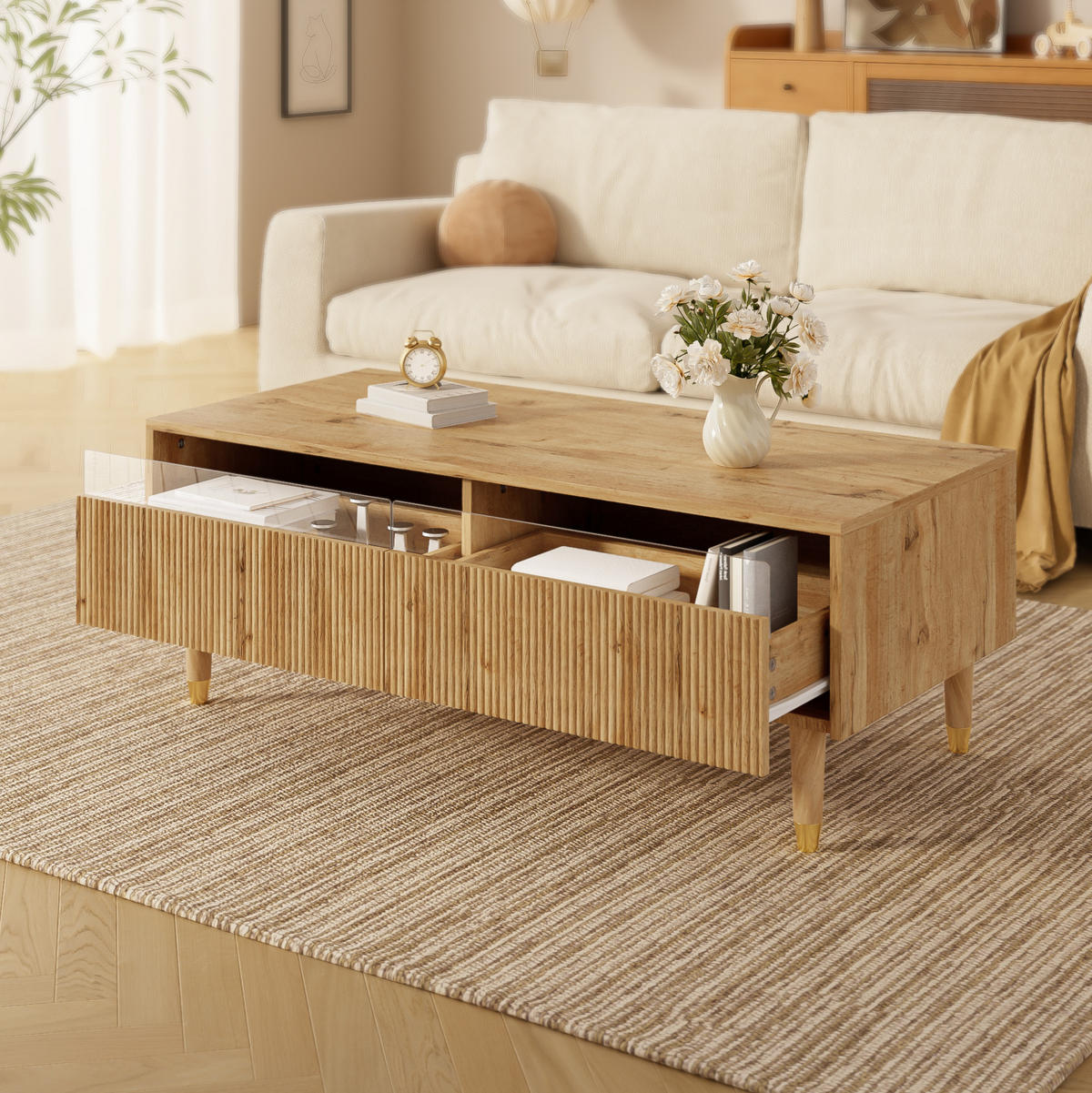 COUCHTISCH aus MDF 110x50x40 cm in Naturfarben mit LED-Beleuchtung - Naturfarben, Holzwerkstoff (110/50/40cm) - Modfu