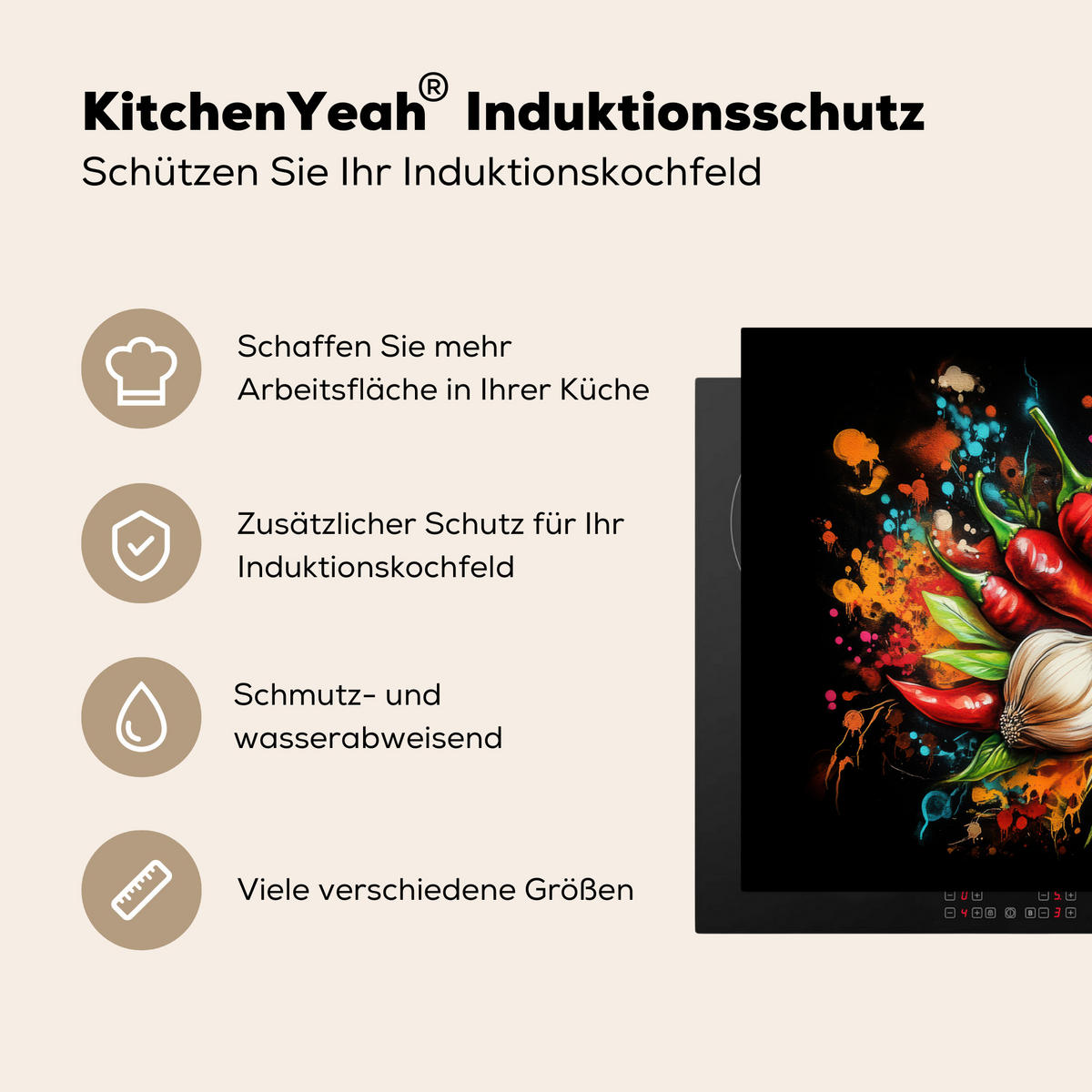 HERDABDECKPLATTE Gemüse - Paprika - Knoblauch - Graffiti - Farbe - Bunt 83x51 cm - Rot, Kunststoff (83/51.5/0.2cm) - MuchoWow