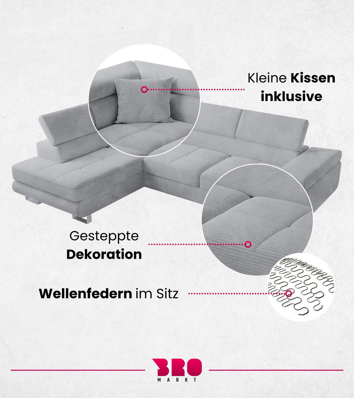 ECKSOFA Anton mit Schlaffunktion Grau Cord - Silberfarben/Hellgrau, Textil/Metall (142/275cm) - Bromarkt