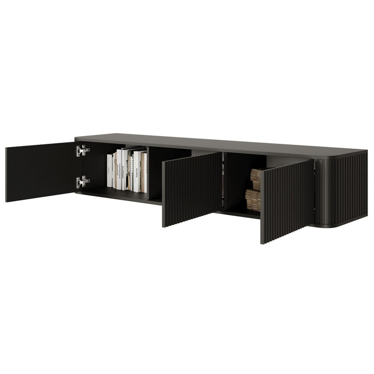 TV-HÄNGEBOARD Ovarlo Schwarz mit geriffelten Fronten 163/49/38 cm - Schwarz, Holzwerkstoff (163.2/31.2/38cm) - Selsey