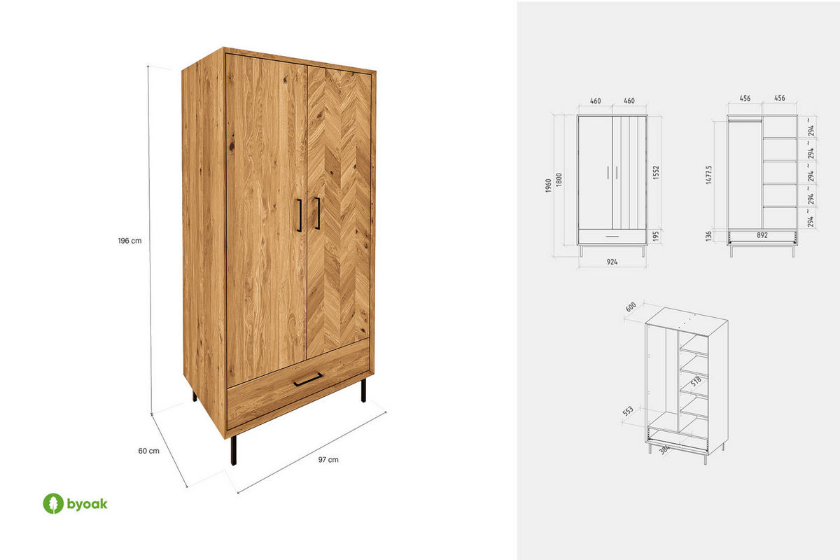 KLEIDERSCHRANK 2 TÜREN LEON Kernbuche - Kernbuche, Holz (97/196/45cm) - byoak