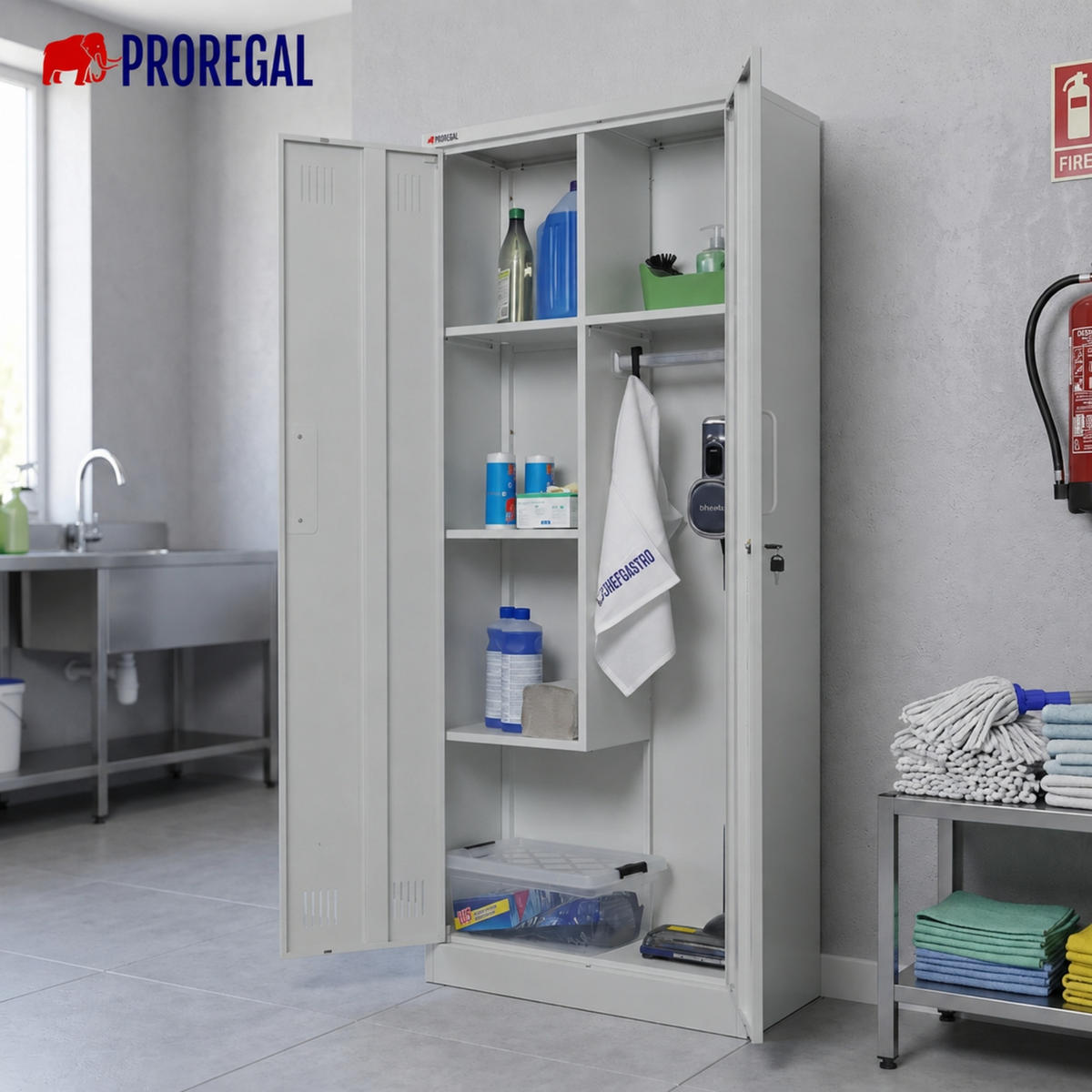 PUTZMITTELSCHRANK Rhino Metall 170x70x30cm Lichtgrau - Grau, Metall (70/170/30cm) - PROREGAL