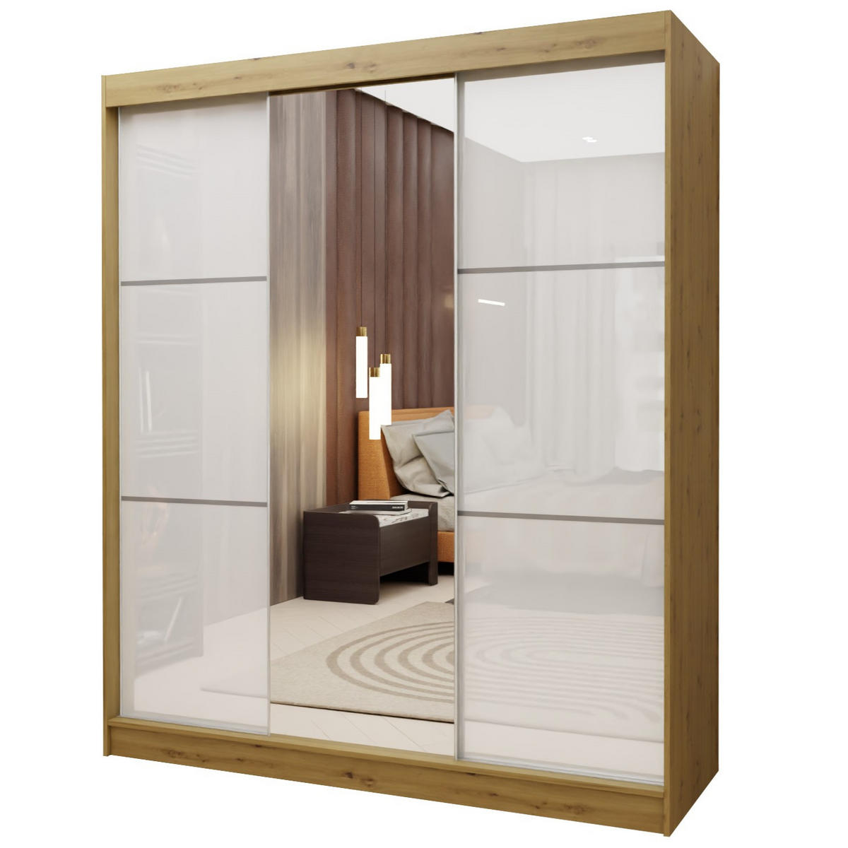 SCHWEBETÜRENSCHRANK VITALE 180/216/61 cm 3-türig mit Spiegel Eiche Artisan - Weiß/Eiche Artisan, Holzwerkstoff (180/216/61cm) - MASSENO