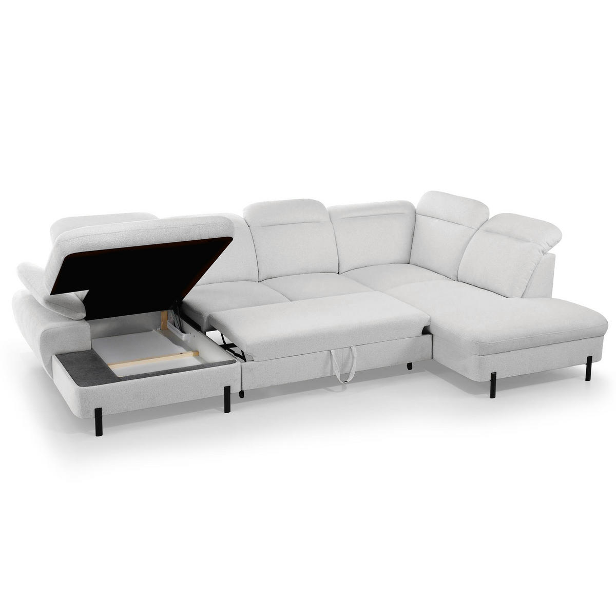 WOHNLANDSCHAFT Sora U mit Schlaffunktion und verstellbarer Sitztiefe, Kopfstützen und Armlehne, 365 cm, Hellgrau, Links - Hellgrau/Schwarz, Textil (365/107/235cm) - Beautysofa