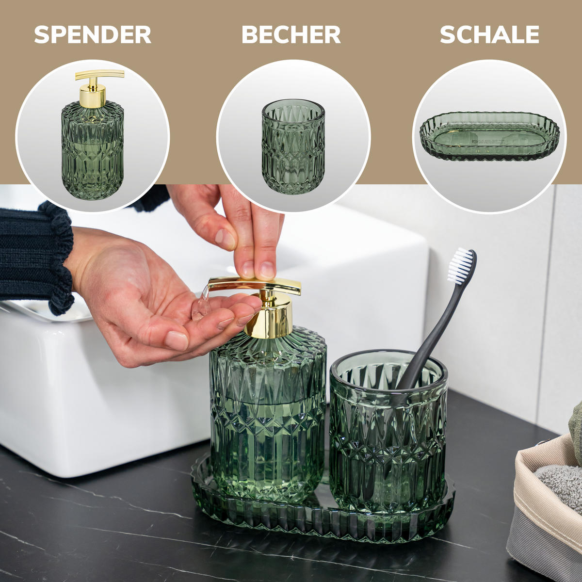 BADEZIMMER-SET BURANO 3tlg. grün, Glas - Grün, Glas (18.5/2.5/10cm) - eluno
