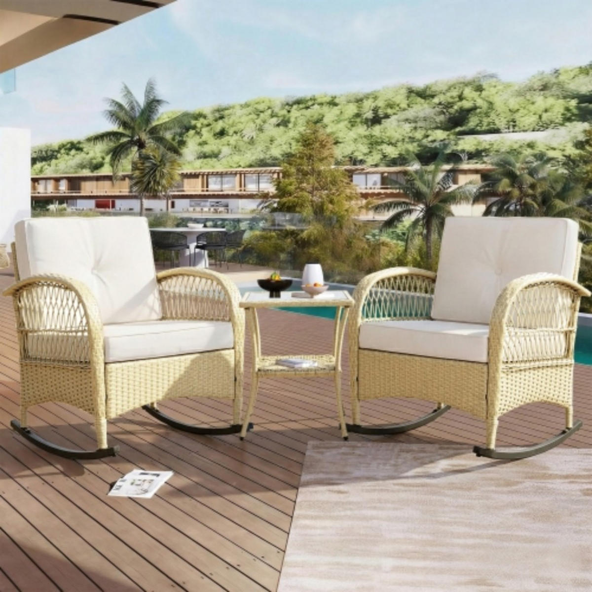 BALKONSET 3-tlg,BISTRO SET,PE-Rattan Schaukelstuhl,für 2 Personen,Weiß - Weiß, Metall - LVHOM