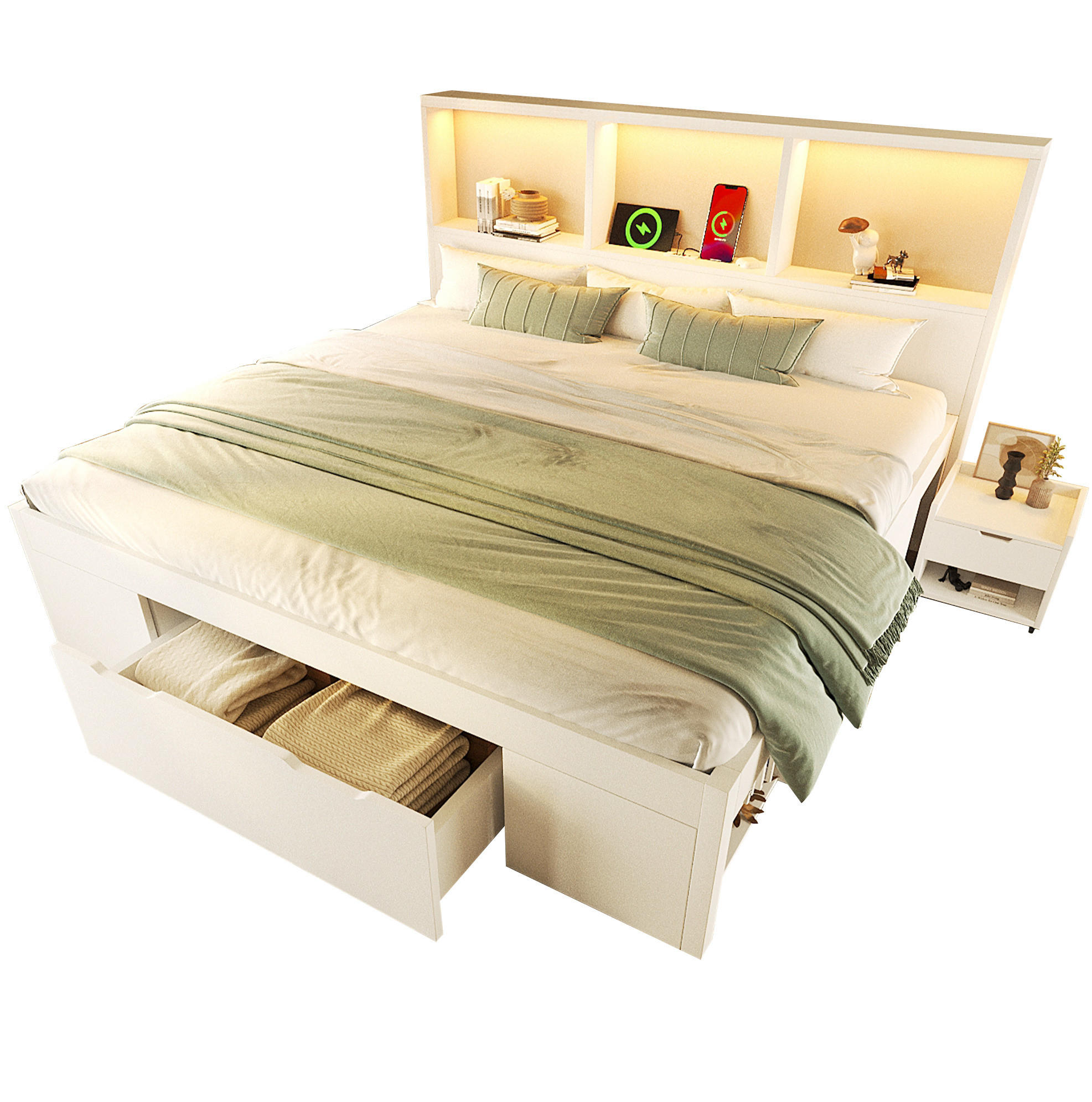 BETT 140/190 cm mit LED-Beleuchtung, USB-C, Stauraum und beweglichem Nachttisch, Weiß - Weiß, Holzwerkstoff (140/190cm) - Redom