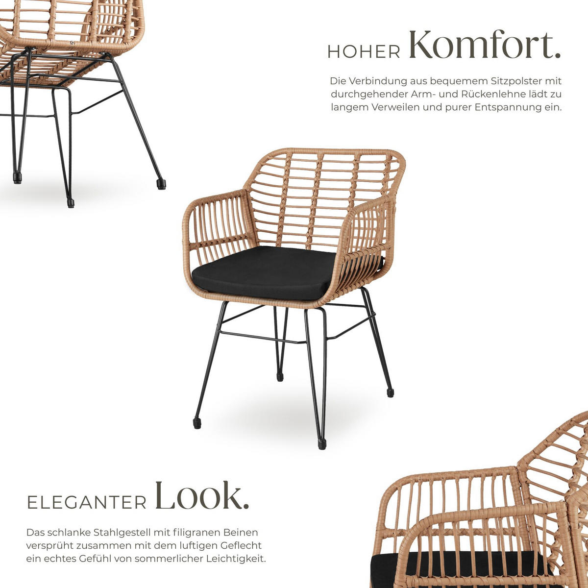 RATTAN-SITZGRUPPE Molfetta 2er Set, UV-beständig, Polyrattan Stahl, natur, 2 Stühle 58x64,5x86,5 cm, Tisch 51x55,5 cm, wasserabweisend - Naturfarben, Kunststoff - tectake