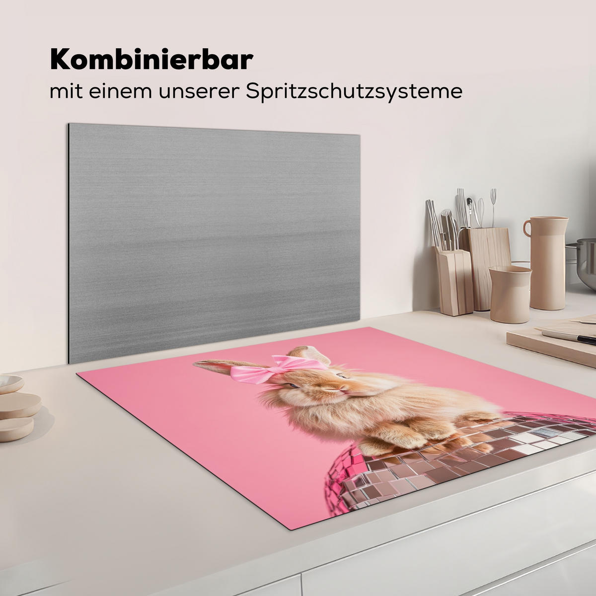 HERDABDECKPLATTE Schleife - Discoball - Kaninchen Induktionsmatte 78x78 cm - Pink, Kunststoff (78/78/0.2cm) - MuchoWow