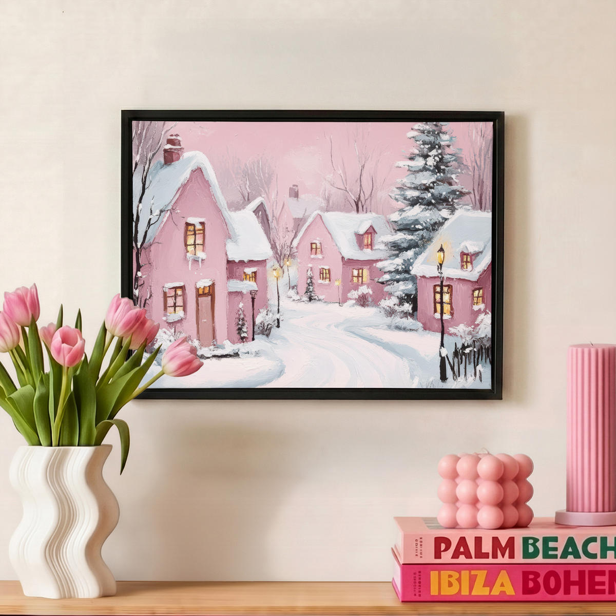 LEINWAND Bilder mit Rahmen - Weihnachtsdorf - Rosa - Winter - Schnee - Häuser - 40x30 - Altrosa, Textil (40/30cm) - MuchoWow