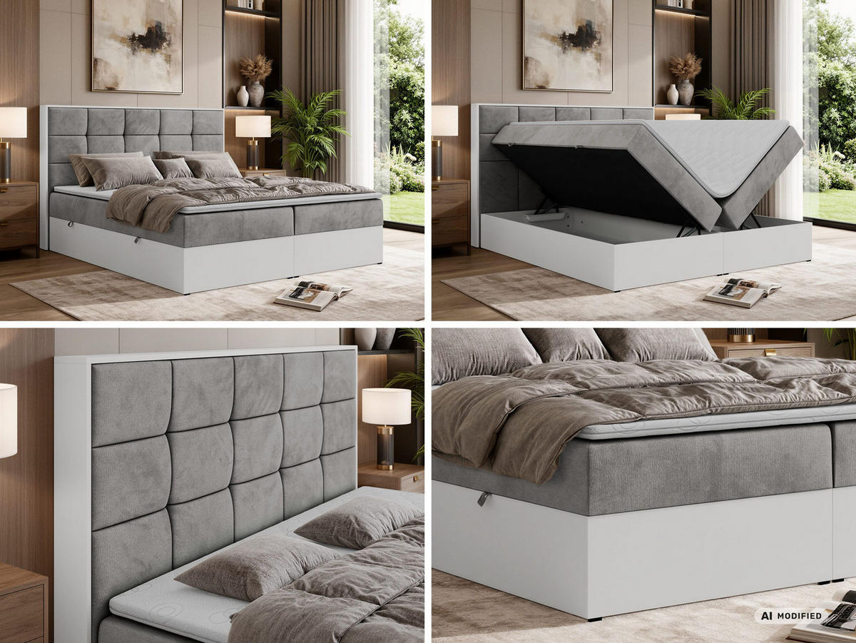 BOXBETT ALVIT 200/200 - Hellgrau Velvet - Topper Visco - H3 - Hellgrau/Schwarz, Kunststoff/Textil (200/200cm) - MKS