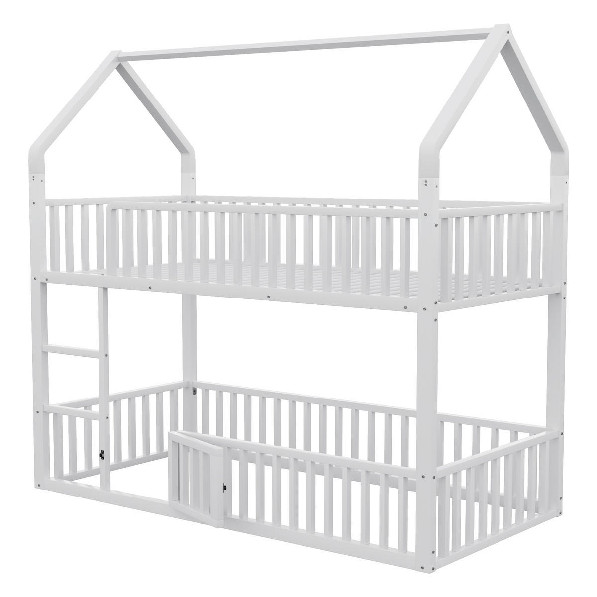 ETAGENBETT 90/200 cm in Weiß in Hausform mit Leiter und Sicherheitsgeländer - Weiß, Metall (90/200cm) - STILVORA