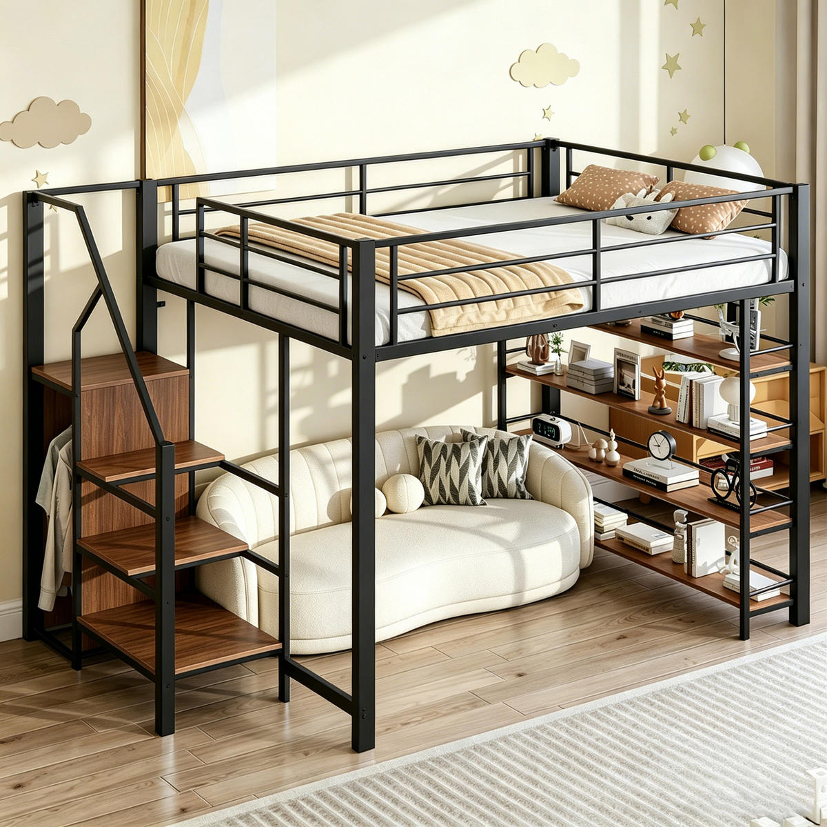 HOCHBETT 140/200 cm aus Metall und MDF mit Stauraumtreppe und Kleiderstange Schwarz - Schwarz, Metall (140/200cm) - Modenvie