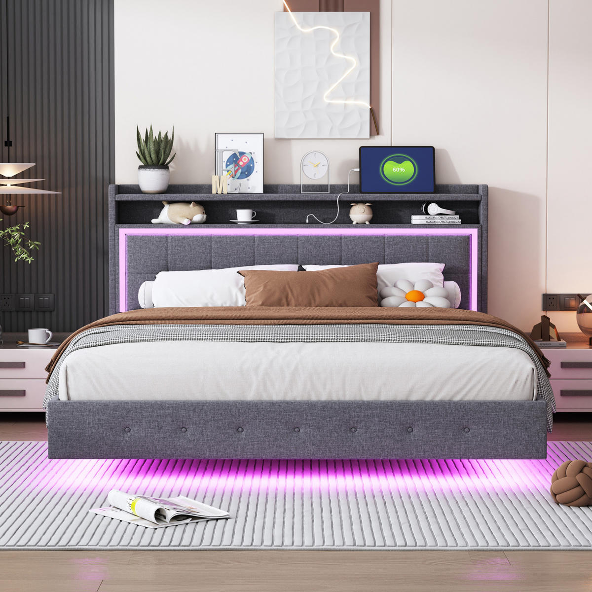 POLSTERBETT 160/200 cm mit USB-Steckdose, LED-Beleuchtung, versteckten Füßen und Leinenbezug, Grau - Grau, Textil (160/200cm) - Redom