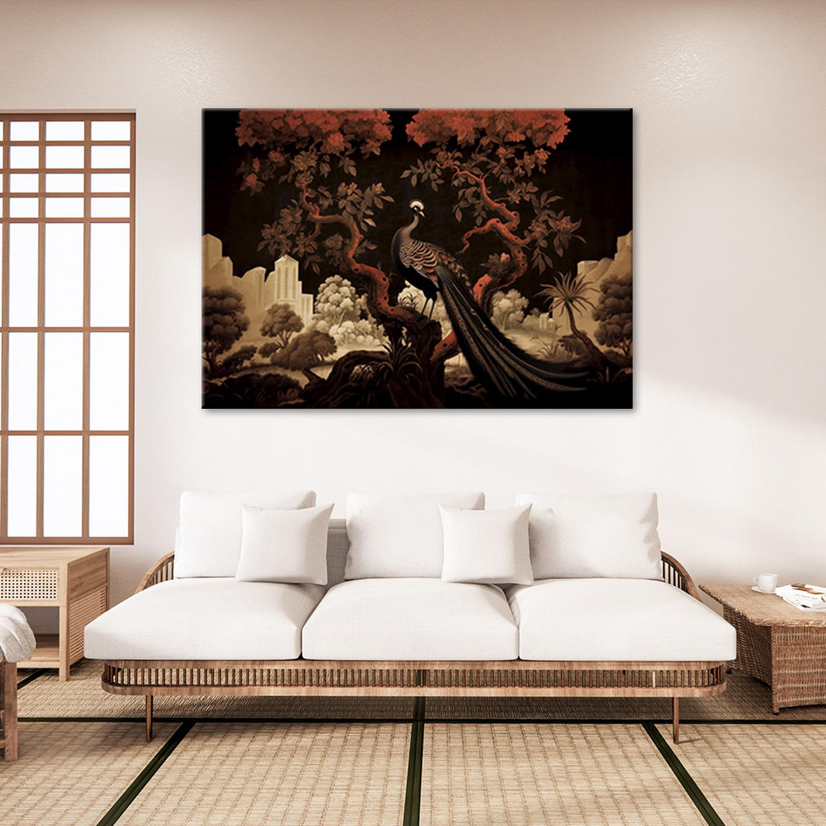 WANDBILD pfau tier baum - Braun, Textil (60/40cm) - Feeby