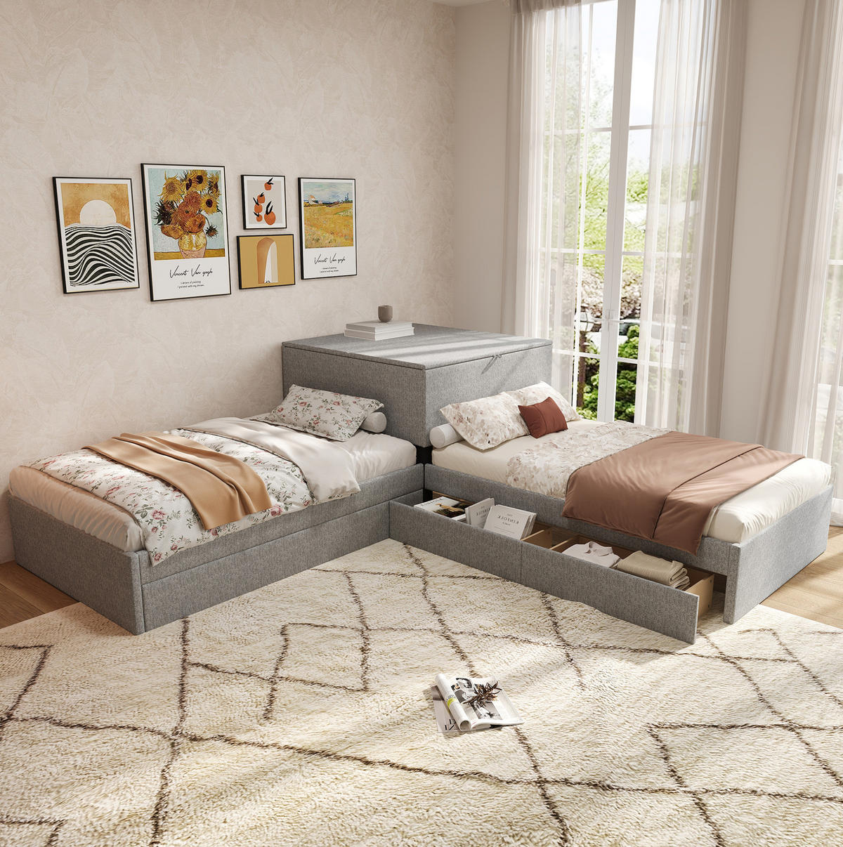 POLSTERBETT 90/200 cm grau aus Leinen mit Ausziehbett und Stauraum - Grau, Holzwerkstoff (90/200cm) - OKWISH
