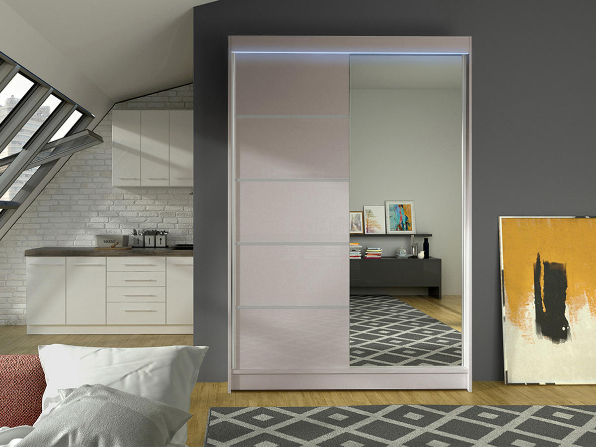 SCHWEBETÜRENSCHRANK Lino III mit RGB LED Beleuchtung - Kaschmir, Holzwerkstoff/Metall (120/200/58cm) - MIRJAN24