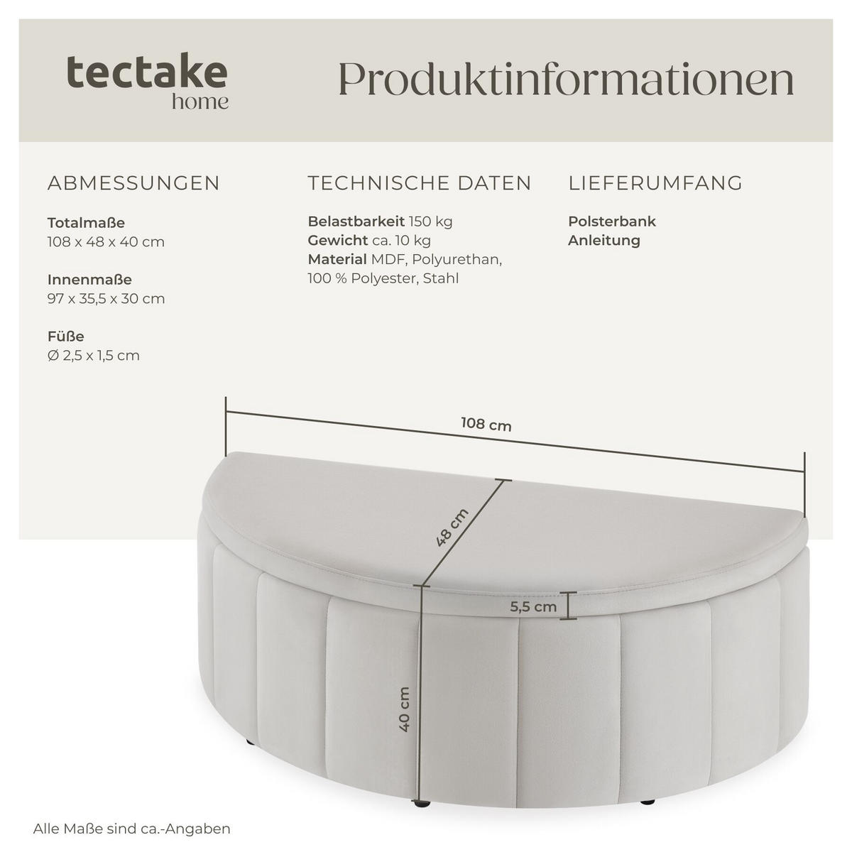 POLSTERBANK Moon mit großem Stauraum, Belastbarkeit 150 kg, 108 x 48 x 38,5 cm, Samtoptik taupe - Taupe, Holz (108/40/48cm) - tectake