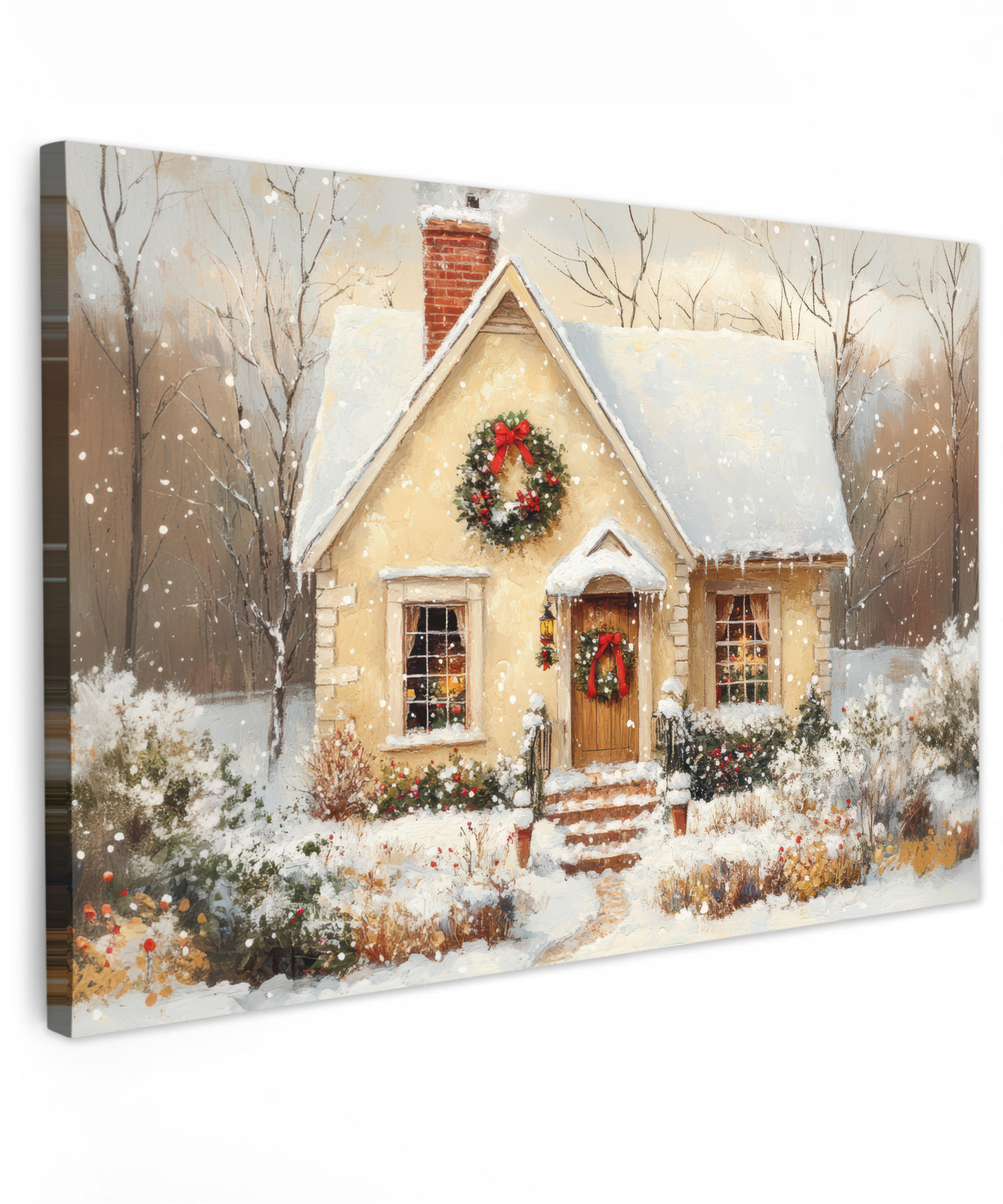 LEINWANDBILD Weihnachten - Zuhause - Winter - Schnee XXL 150x100 cm - Creme, Textil (150/100cm) - MuchoWow