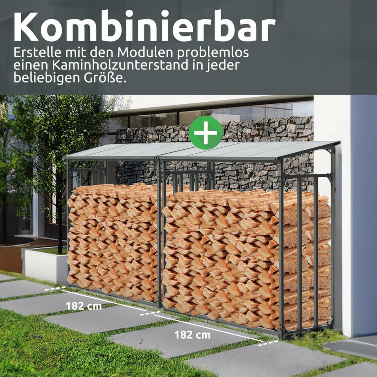 KAMINHOLZREGAL Außen mit Dach ELOS 182x70x185 cminkl. Ofenhandschuh - Anthrazit, Metall (182/185/70cm) - DELUKE