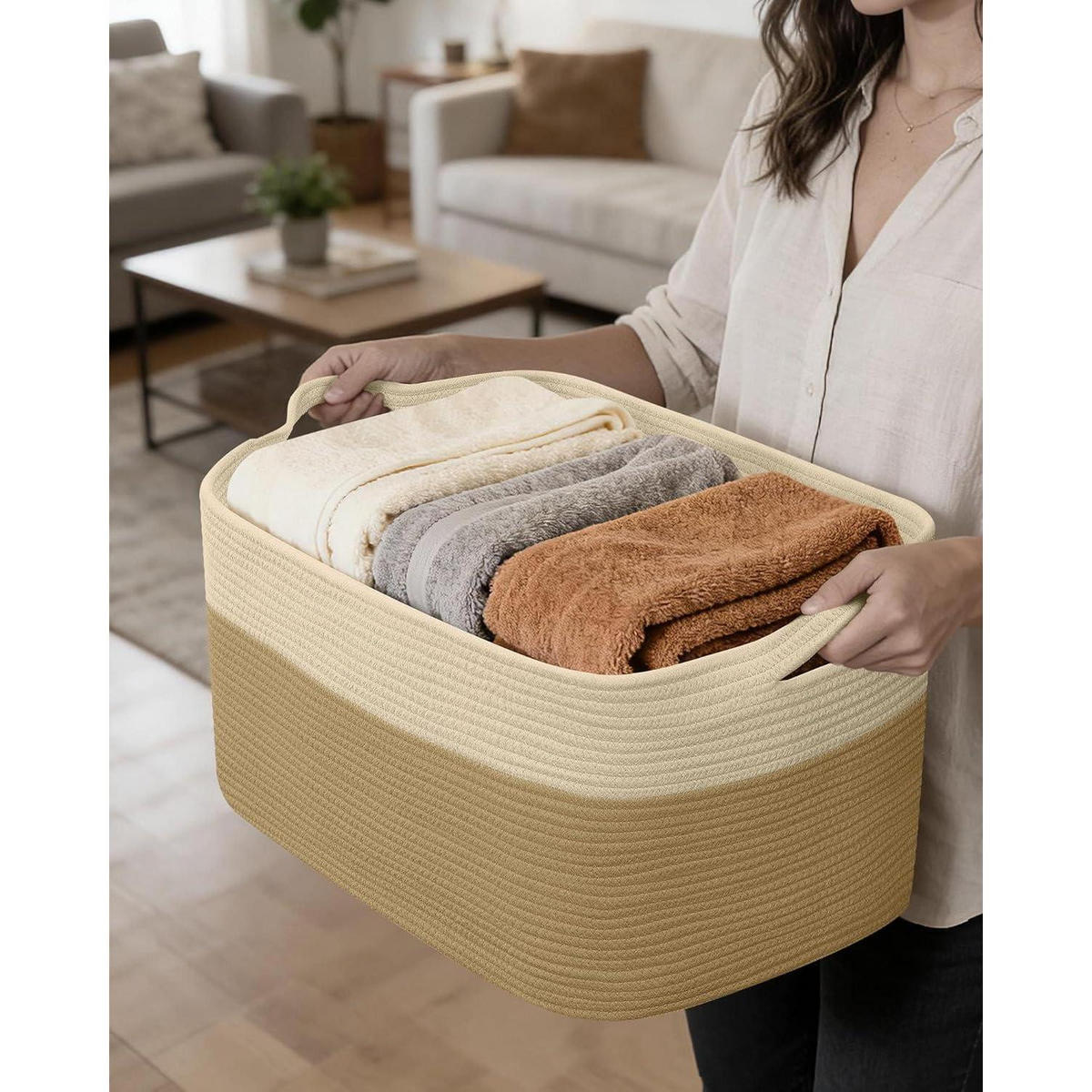 WÄSCHEKORB 2-teiliges Set Baumwolle 63L Jute & Weiß - Multicolor, Naturmaterialien (55/38/30cm)