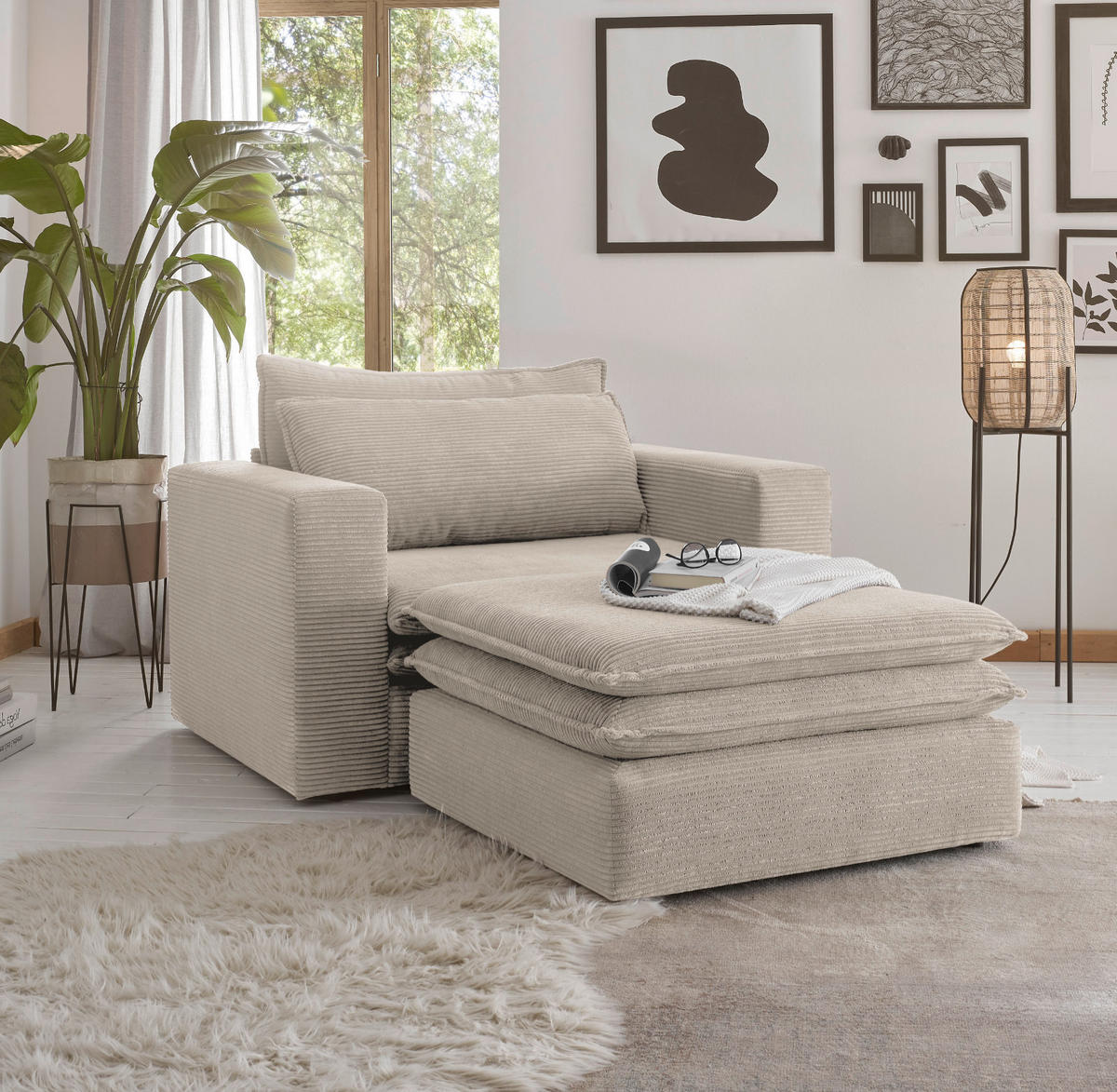 LOVESEAT Set beige Cord, Loungesessel inklusive Hocker - Beige, Holz/Kunststoff (176/83/125cm) - Furn.Design