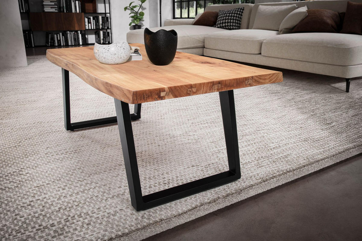 COUCHTISCH Braun Akazie Massivholz Baumkante 120x60x46 cm, Metallbeine U-Form - Schwarz/Akaziefarben, Holz/Metall (60/120/46cm) - KADIMA DESIGN