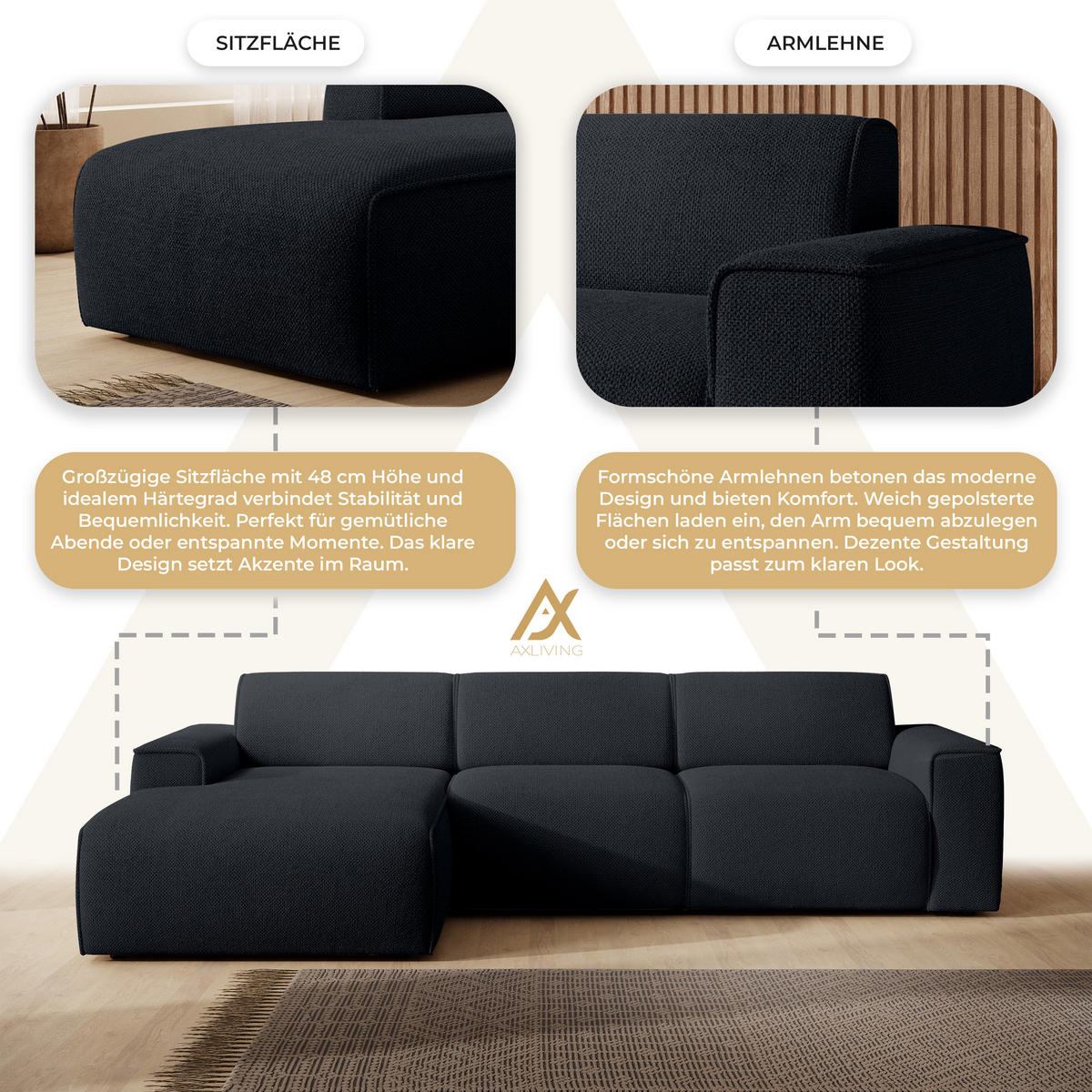 ECKSOFA L Form Didim mini Dunkelgrau 310/165/78 cm – stilvolle kleine Eckcouch L - Schwarz, Kunststoff/Textil (165/310cm) - AX Living